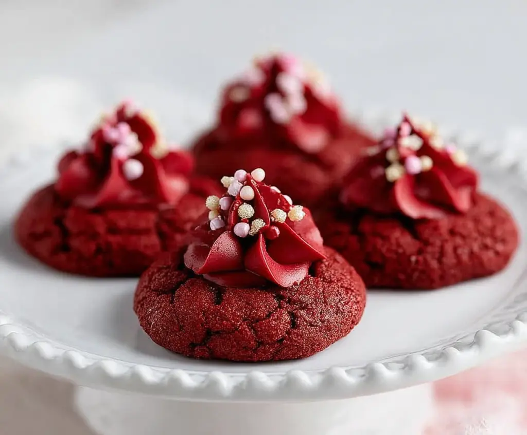 Delicious Hershey's Red Velvet Blossoms Cookies with chocolate Hershey's Kisses on top.