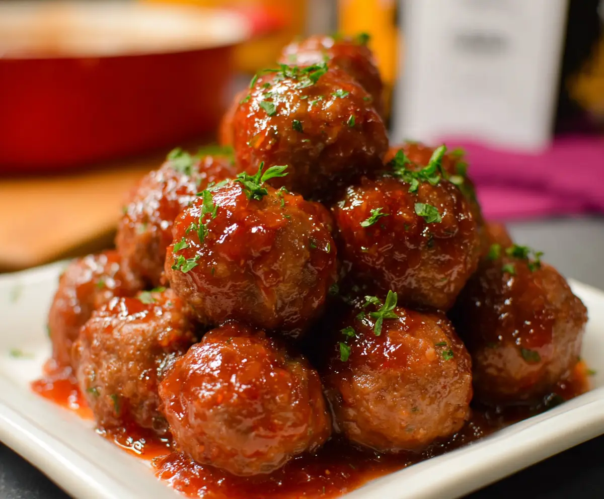 Delicious Hot Pepper Jelly Meatballs served on a plate for appetizer or snack time.