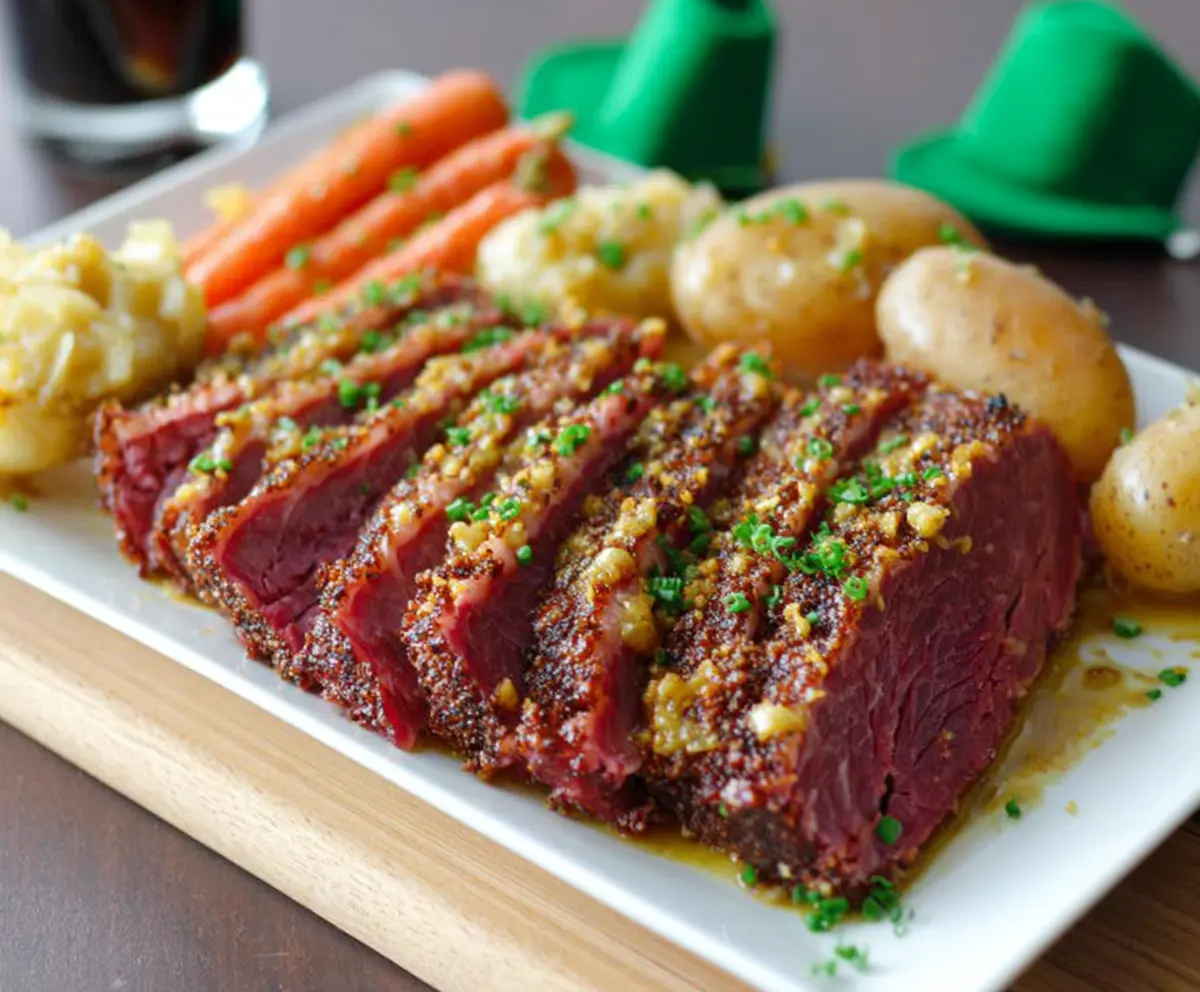 Delicious Instant Pot Corned Beef with Mustard Glaze served on a platter with vegetables