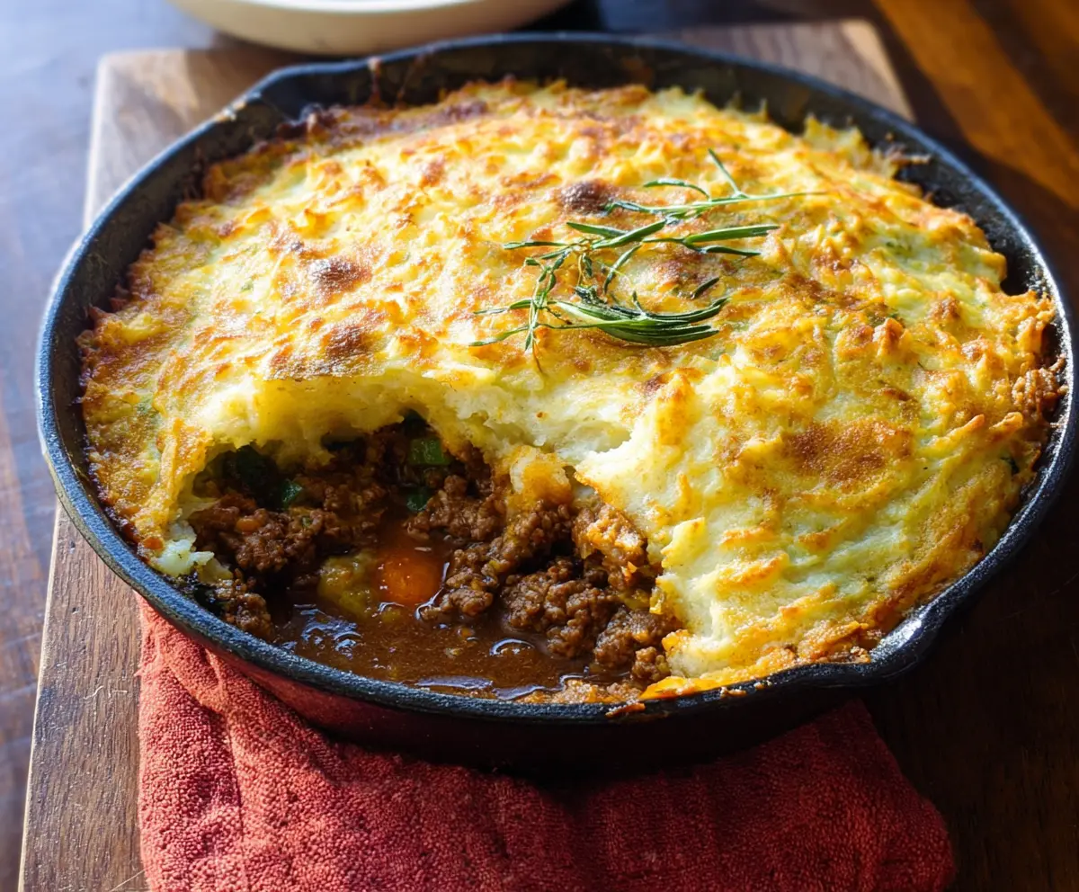 Delicious Irish Cottage Pie topped with golden mashed potatoes and served in a rustic dish.