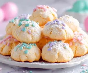 Delicious Italian Easter Cookies decorated with colorful sprinkles and powdered sugar on a festive plate