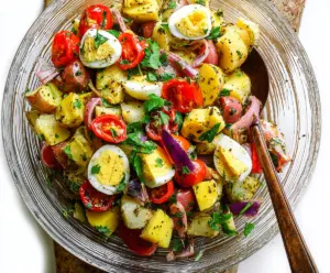 Traditional Italian Easter Potato Salad with colorful vegetables and herbs on a festive plate.