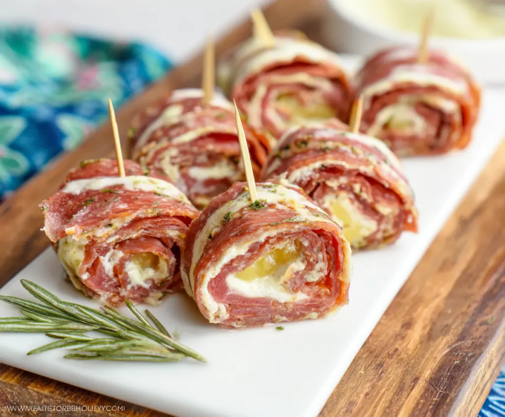 Keto salami roll-ups filled with cheese and herbs, perfect for low-carb snacks.