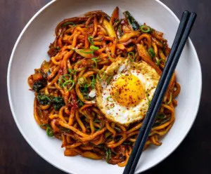 Delicious Kimchi Fried Noodles served in a bowl, garnished with green onions and sesame seeds.