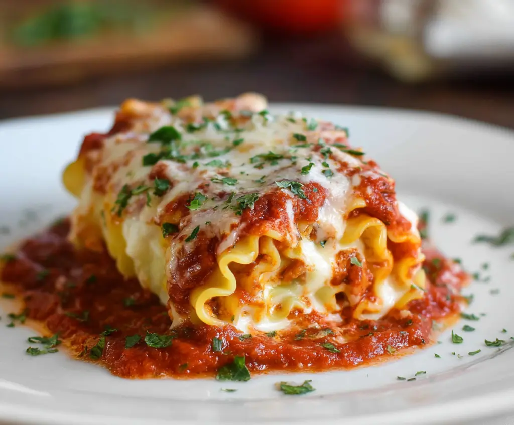 Delicious homemade lasagna roll ups with ricotta cheese, marinara sauce, and melted mozzarella on a baking dish.