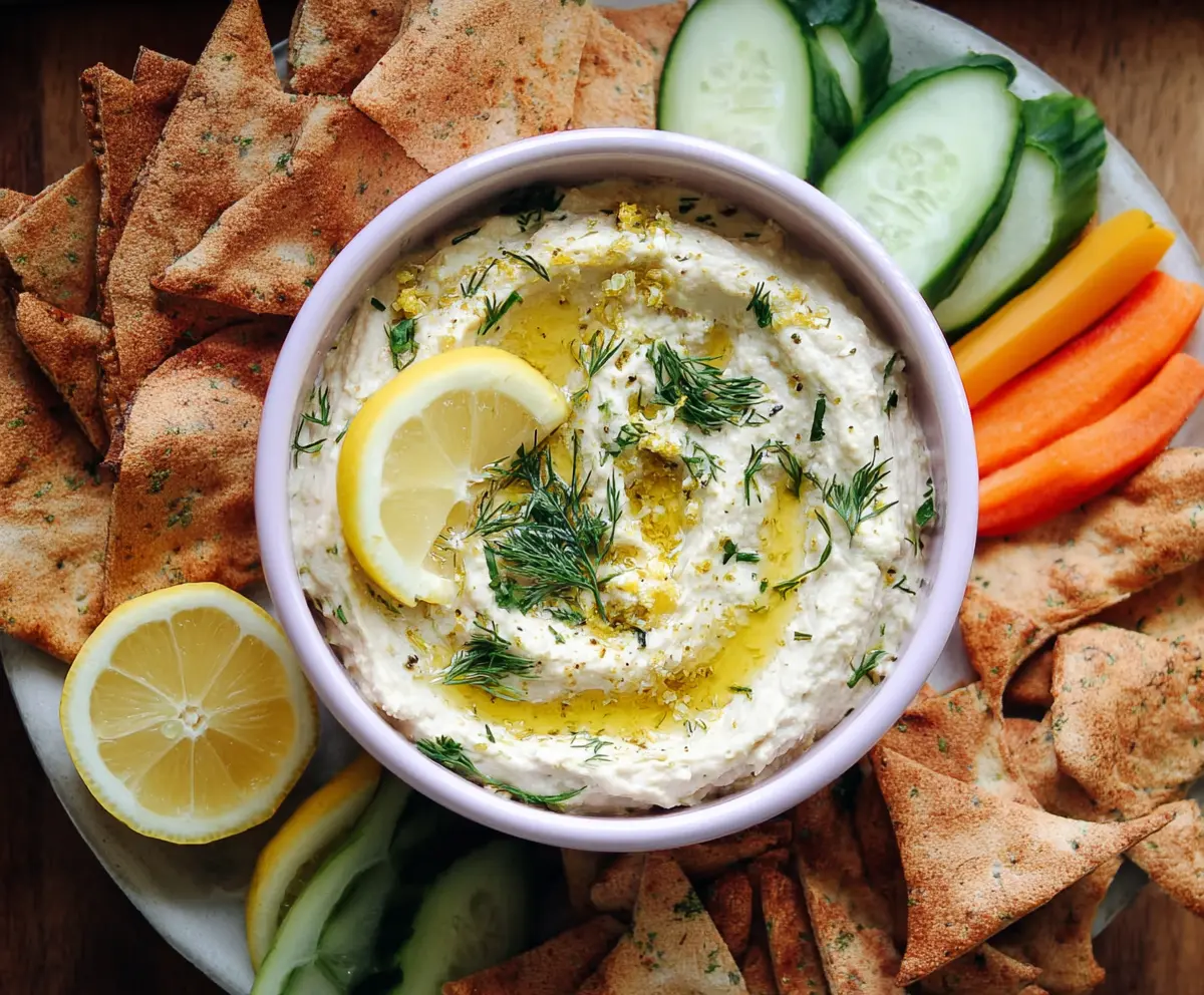 Delicious lemon and herb white bean dip served with fresh vegetables and pita bread.
