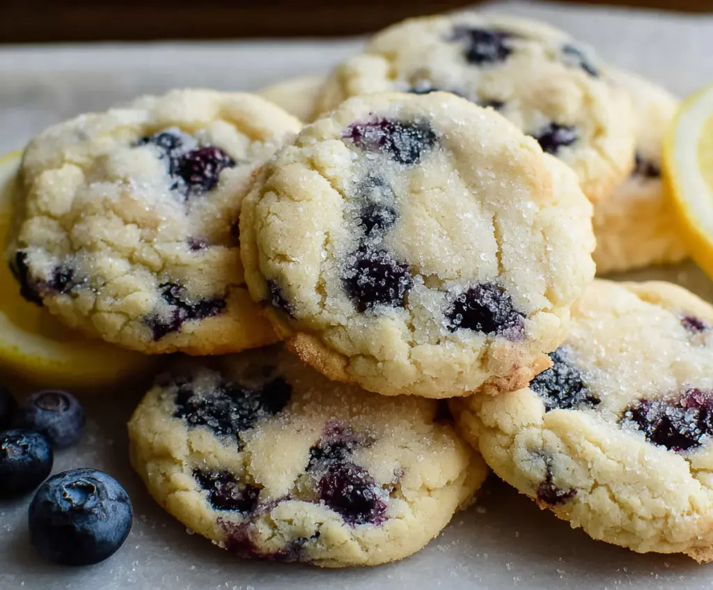 Delicious lemon blueberry cookies fresh out of the oven with vibrant blueberries and zesty lemon flavor.