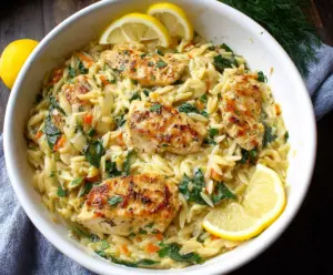 Delicious Lemon Chicken and Orzo served on a plate with fresh herbs for a flavorful meal.