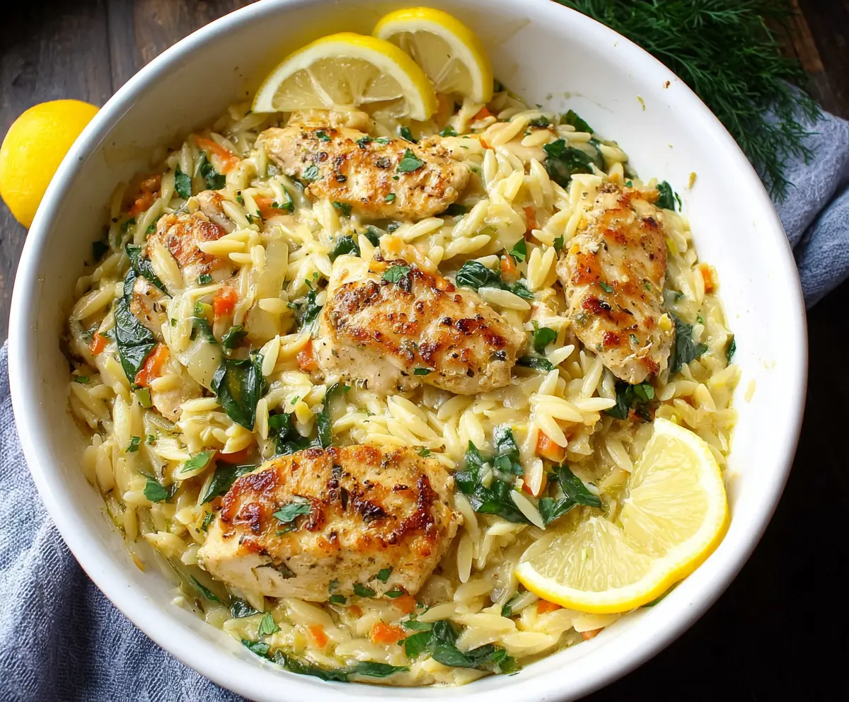 Delicious Lemon Chicken and Orzo served on a plate with fresh herbs for a flavorful meal.