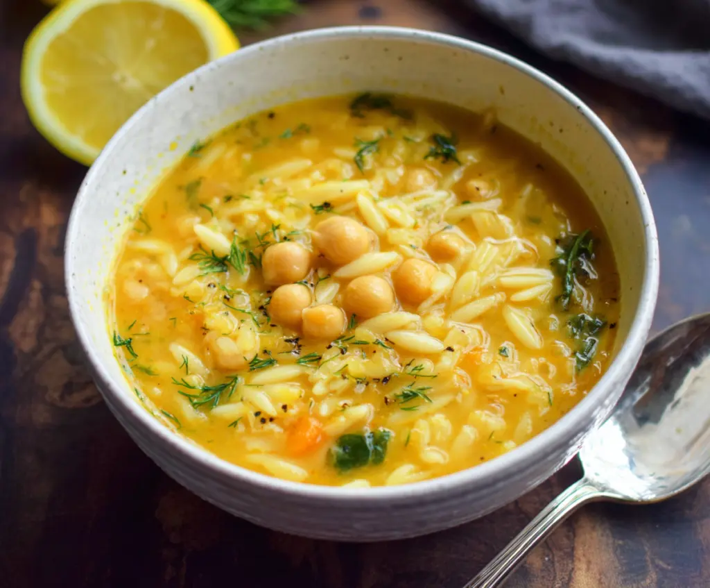 A comforting bowl of Lemon Chickpea Orzo Soup garnished with fresh herbs, showcasing a delicious and healthy vegetarian meal.