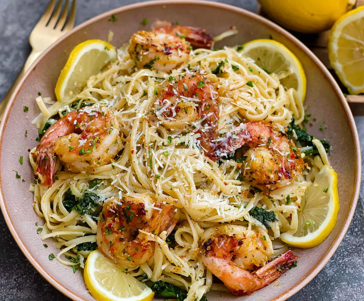 Delicious Lemon Garlic Shrimp Pasta served on a plate with fresh herbs
