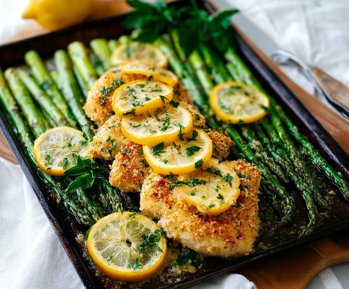 Juicy Lemon Parmesan Chicken served with fresh asparagus on a dinner plate.