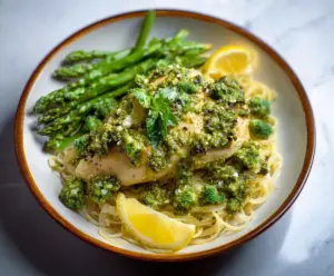 Juicy Lemon Pesto Chicken served with fresh herbs and lemon slices on a white plate.