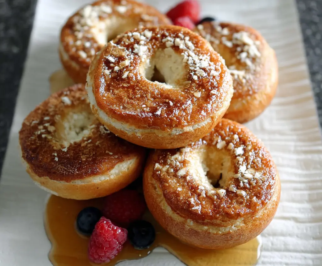 Delicious Maple French Toast Bagels topped with syrup and powdered sugar.