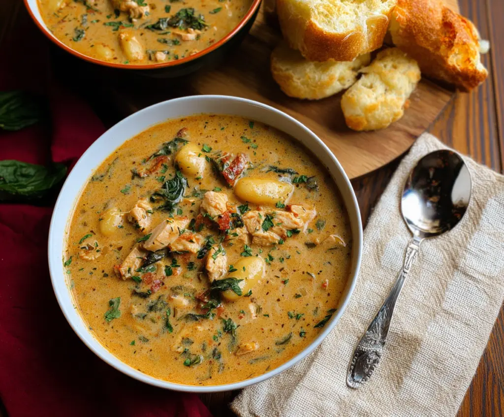 Creamy Marry Me Tuscan Chicken Gnocchi Soup with fresh herbs and tender chicken in a bowl