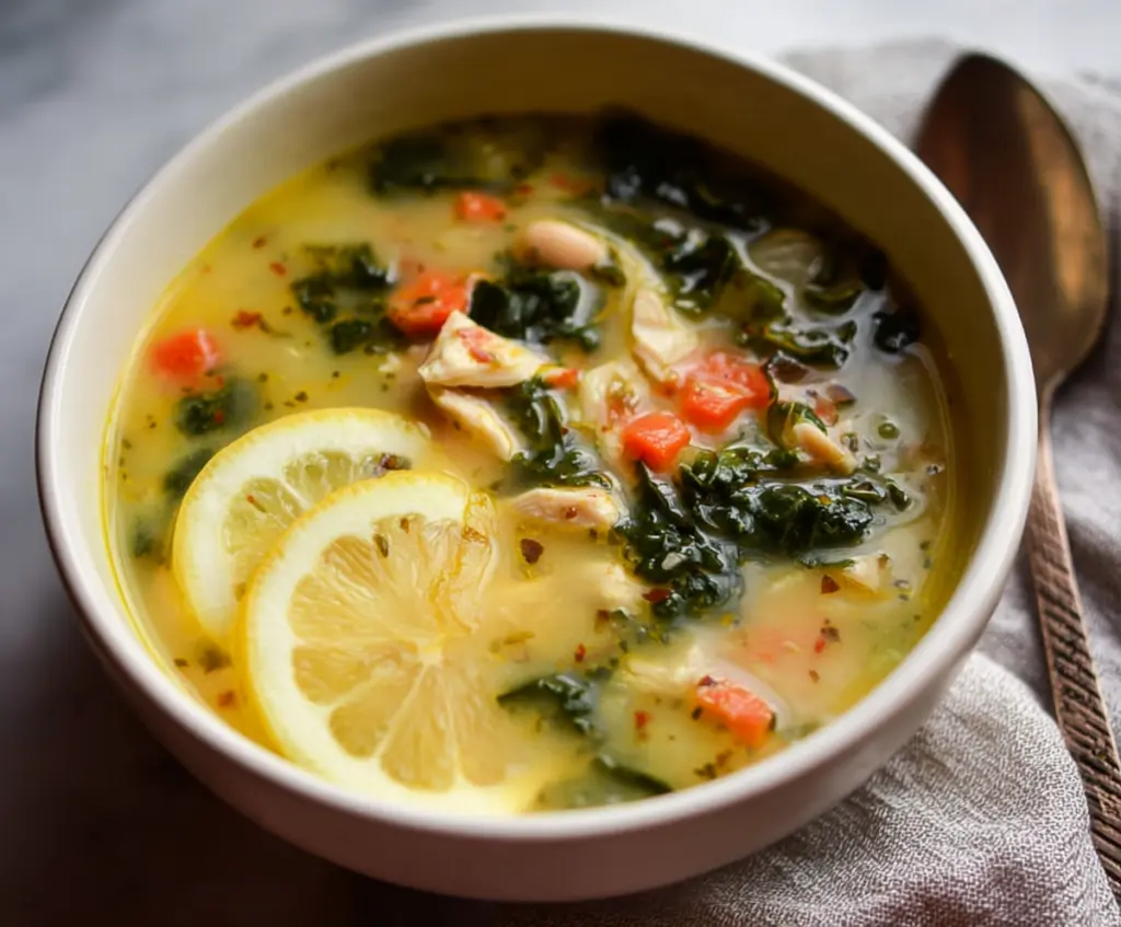 Delicious Mediterranean Lemon Chicken Soup with fresh herbs and vegetables