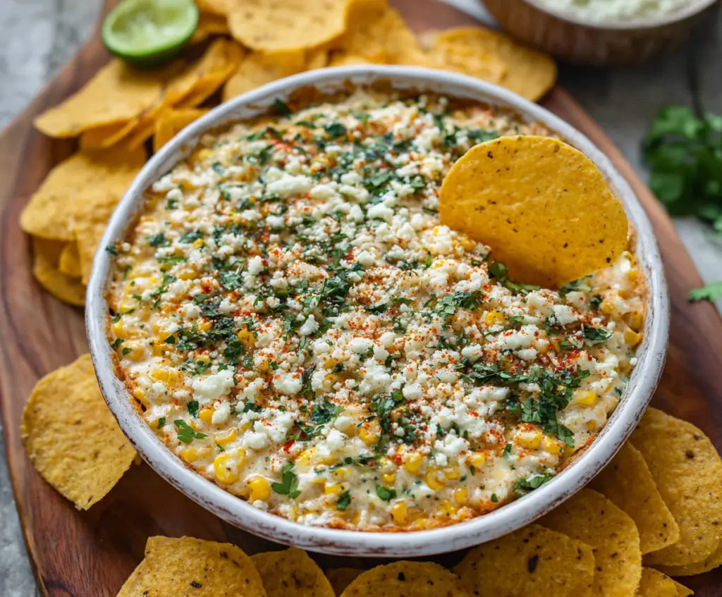 Delicious Mexican Corn Dip with melted cheese, fresh cilantro, and spicy jalapenos in a vibrant serving bowl.