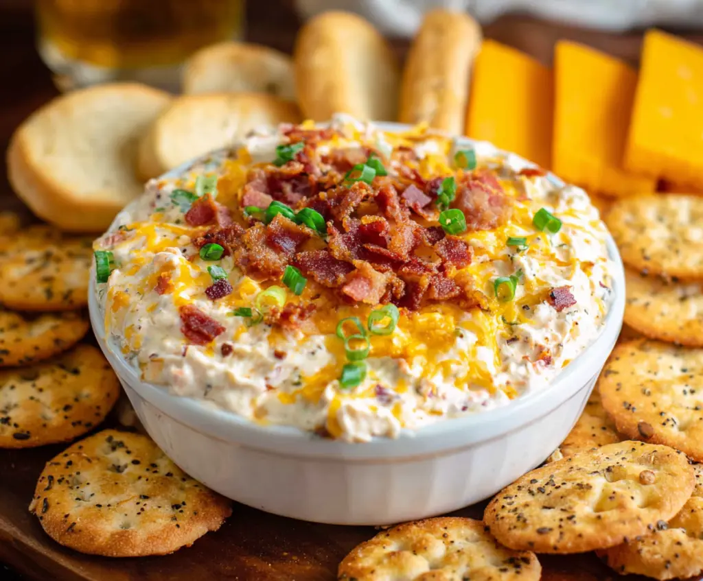 Delicious Million Dollar Dip with crispy bacon and melted cheese for a savory appetizer.