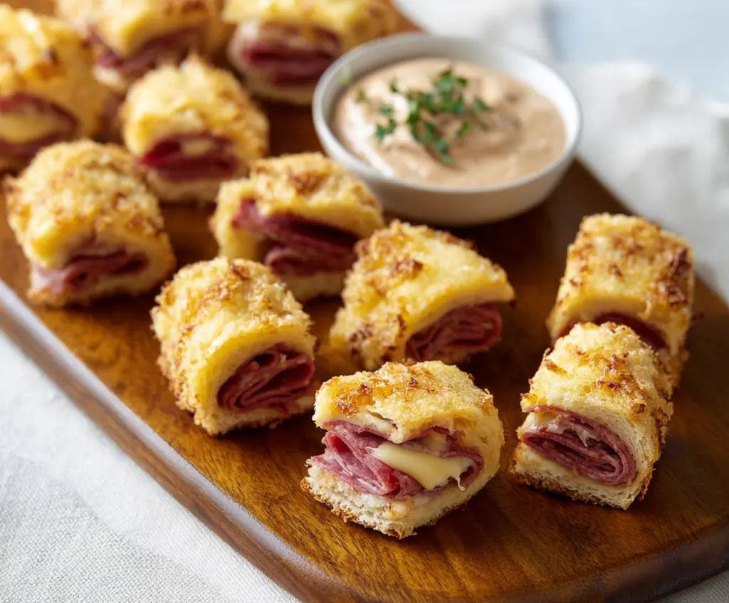 Delicious Mini Reuben Bites with corned beef, sauerkraut, and melted cheese on rye crackers.