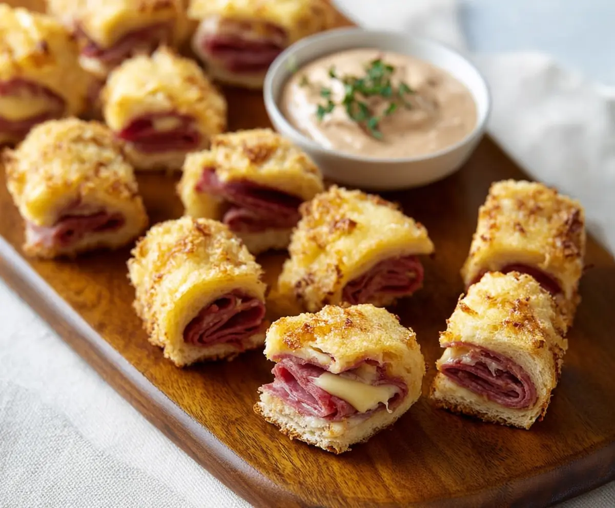 Delicious Mini Reuben Bites with corned beef, sauerkraut, and melted cheese on rye crackers.