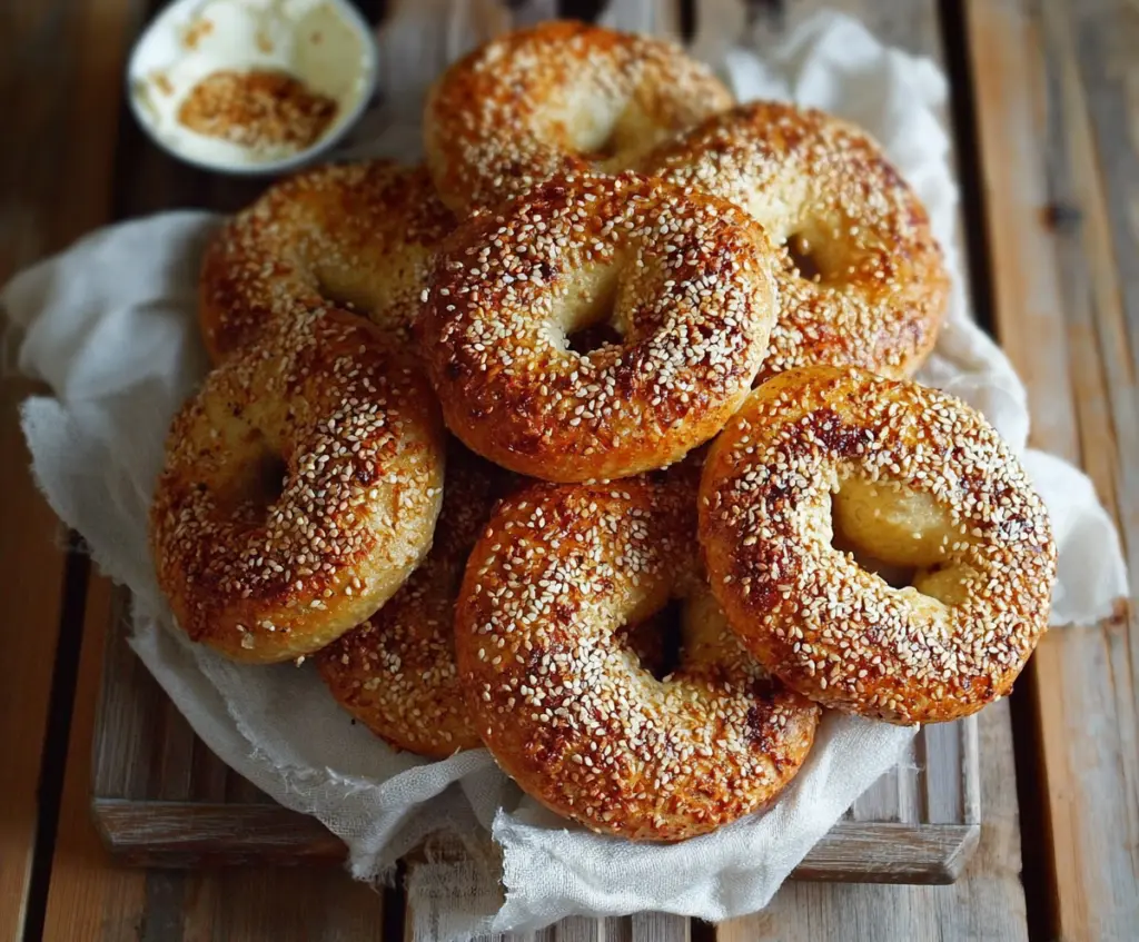 Fresh Montreal style bagels on a wooden board, showcasing their golden crust and chewy texture.