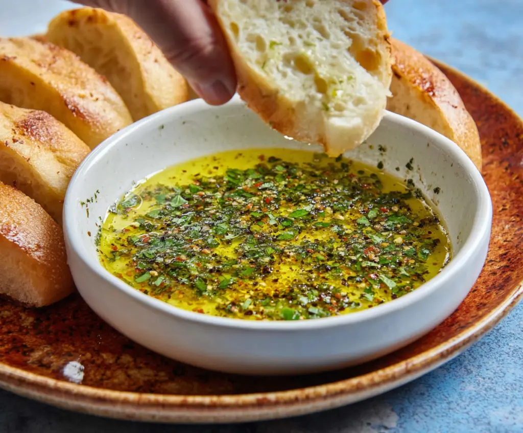 Crusty bread slices dipped in rich olive oil with herbs for Mediterranean appetizer.