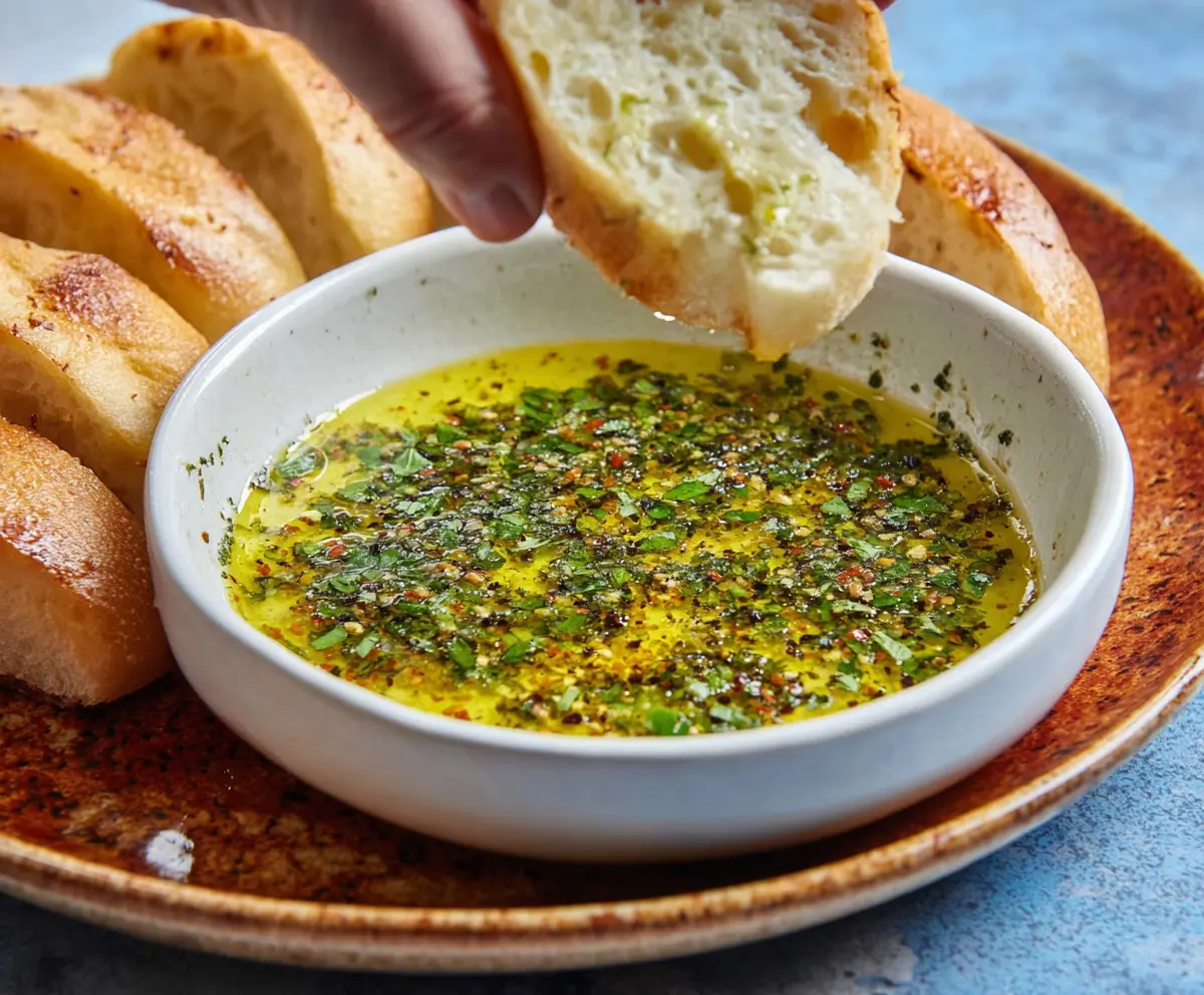 Crusty bread slices dipped in rich olive oil with herbs for Mediterranean appetizer.