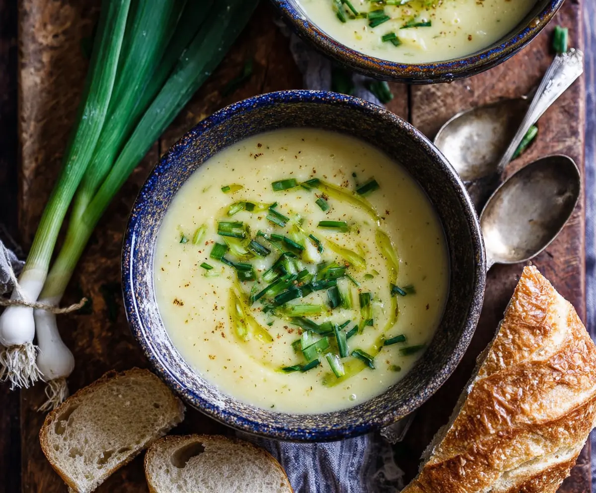 Creamy leek and potato soup served in a bowl, highlighting fresh ingredients and warm comfort food.