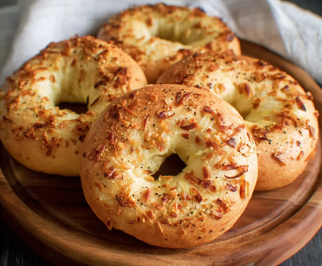 Delicious homemade onion bagels with golden brown crust and fresh onion topping.