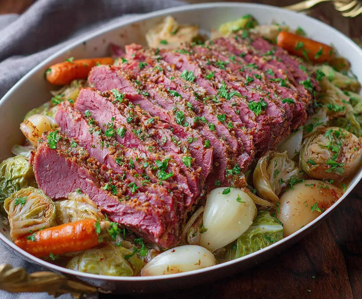 Delicious oven-roasted corned beef and cabbage served on a platter, perfect for a hearty meal