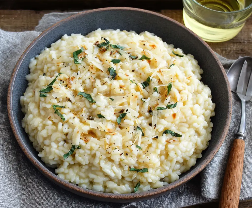 Creamy Parmesan Risotto served in a white bowl, garnished with grated Parmesan and fresh herbs.