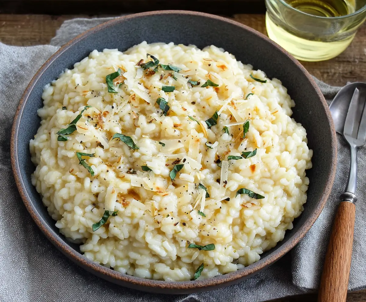 Creamy Parmesan Risotto served in a white bowl, garnished with grated Parmesan and fresh herbs.