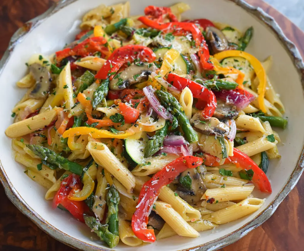 Colorful Pasta Primavera with fresh vegetables and herbs on a white plate