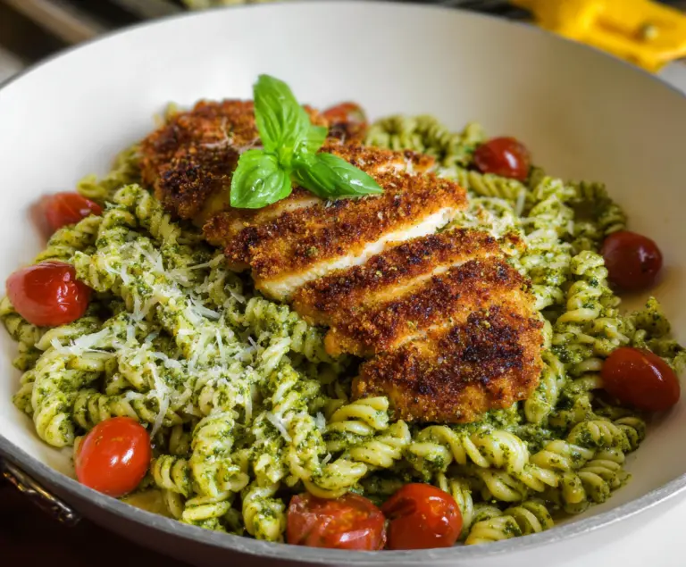 Pesto Pasta With Crispy Parmesan Chicken