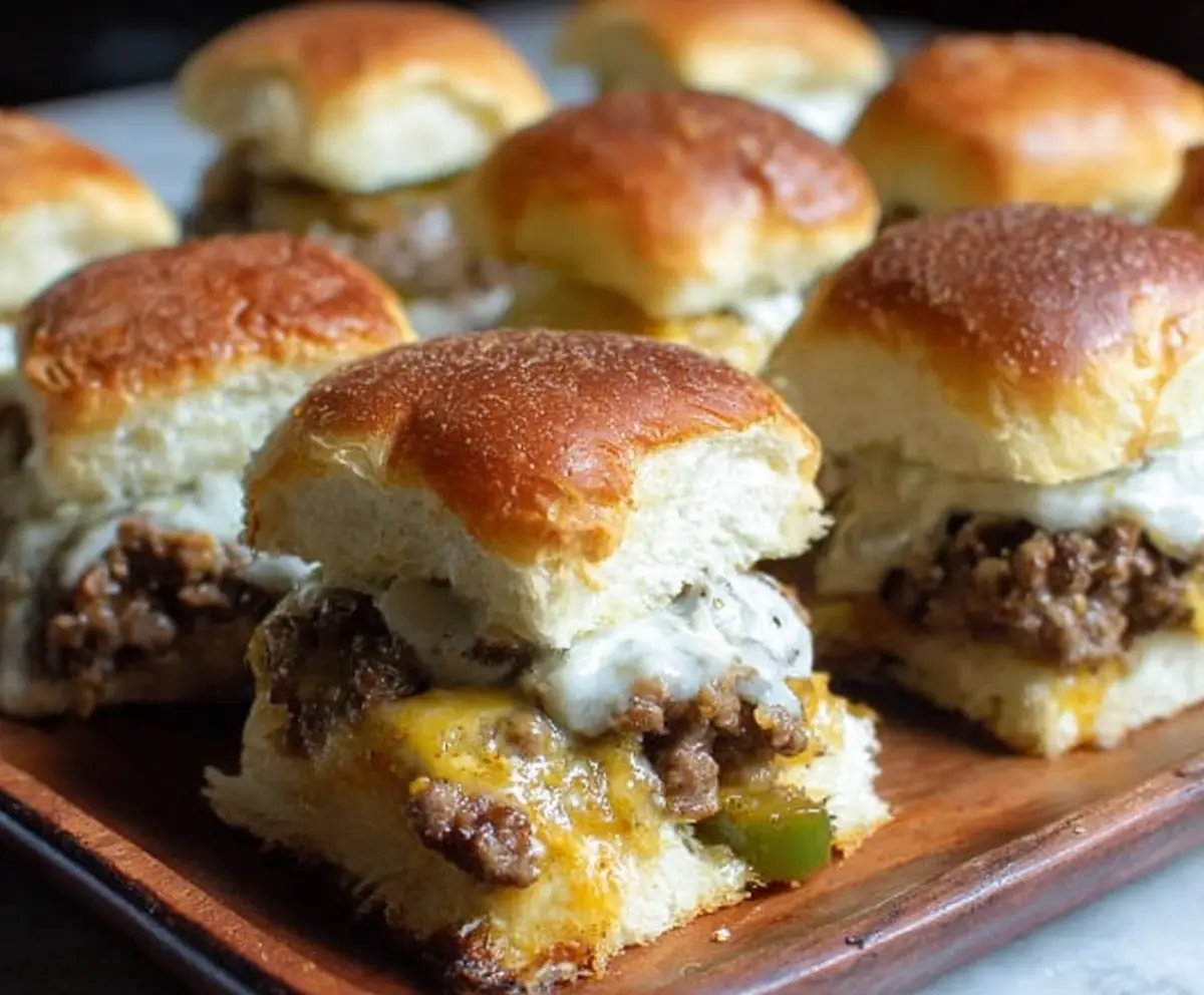 Delicious Philly Cheesesteak Sliders made with ground beef and melted cheese.