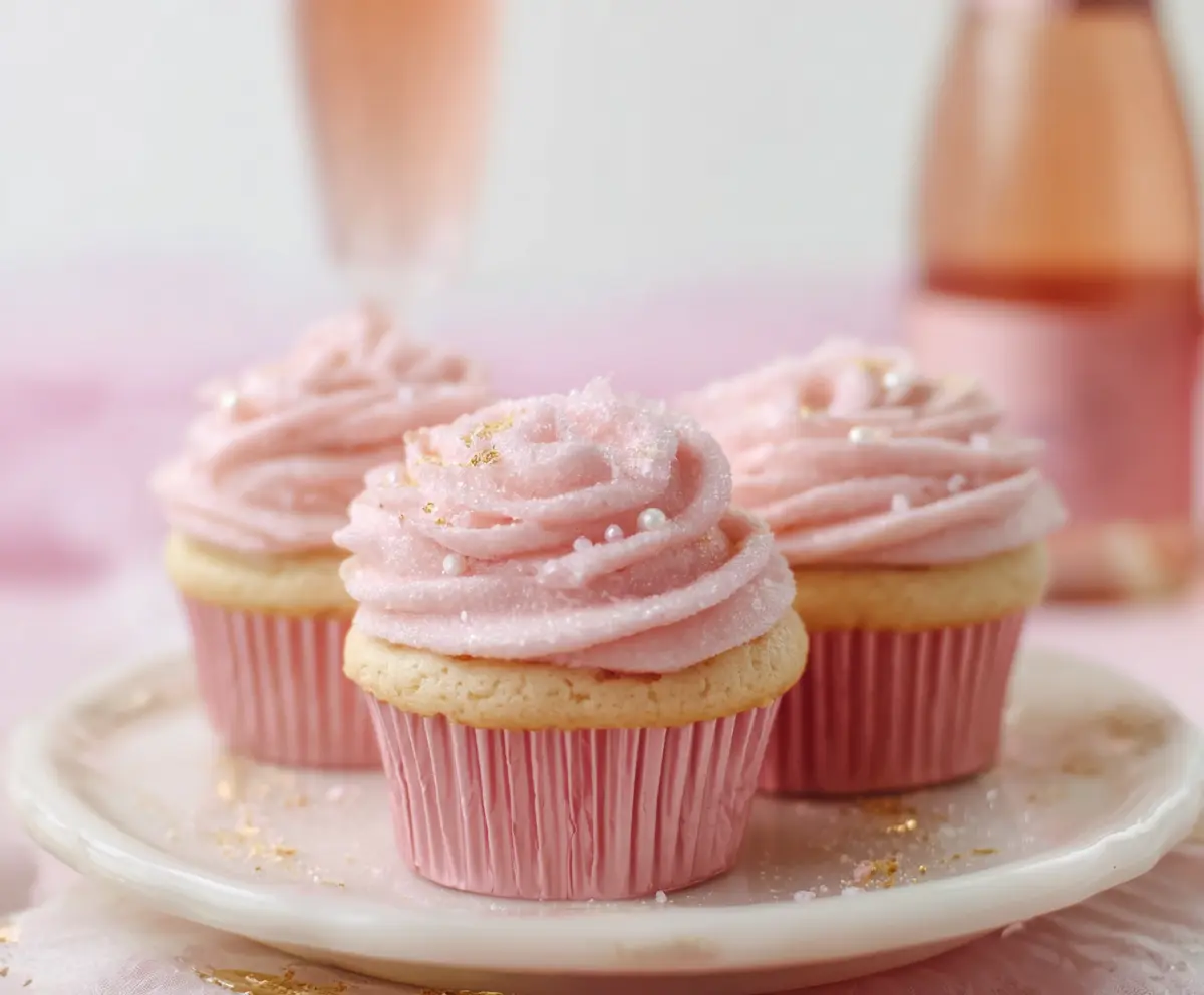 Delicious pink champagne cupcakes decorated with pink frosting and sprinkles for a celebration.