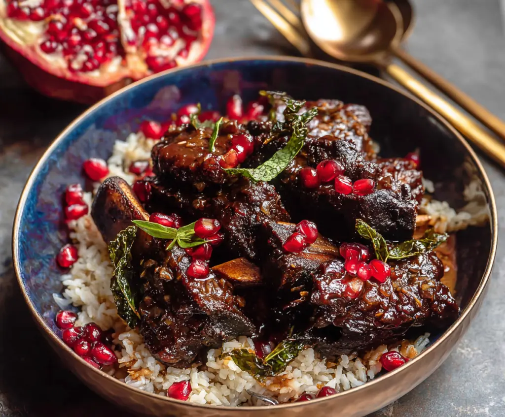 Delicious pomegranate braised short ribs served with fresh herbs and vegetables.