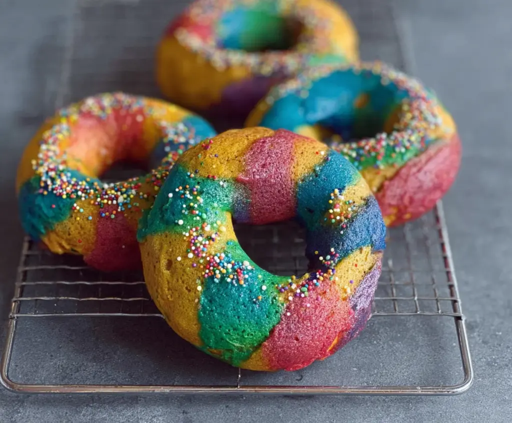 Colorful rainbow bagels with vibrant frosting and sprinkles on a plate