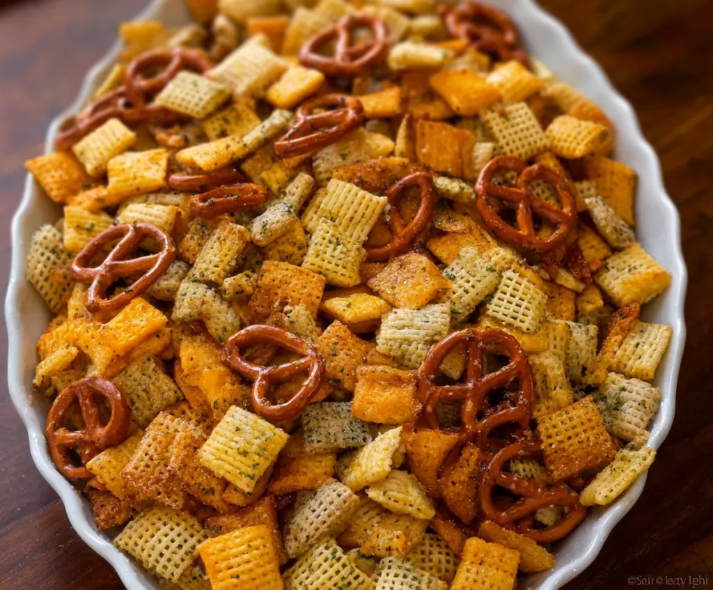 Crunchy Ranch Chex Mix in a bowl, featuring cereal, pretzels, and seasoning for a tasty snack.