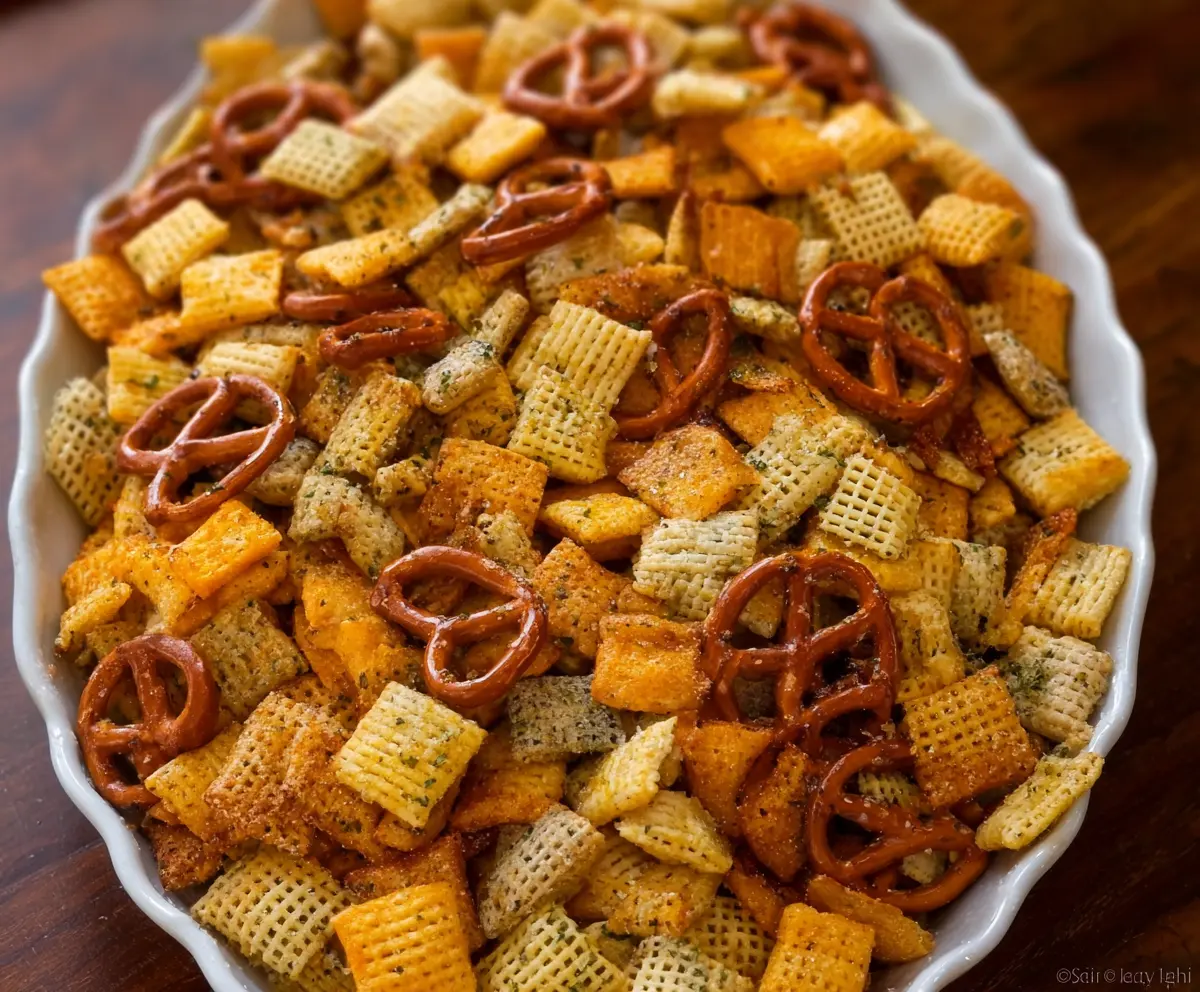 Crunchy Ranch Chex Mix in a bowl, featuring cereal, pretzels, and seasoning for a tasty snack.
