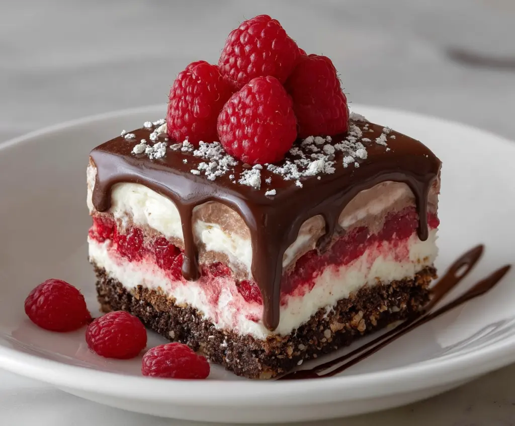 Delicious Raspberry Chocolate Lasagna with layers of fresh raspberries, rich chocolate, and creamy cheesecake on a serving platter.