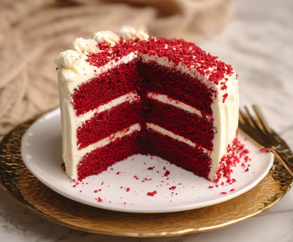 Delicious homemade red velvet cake with cream cheese frosting, perfect for celebrations