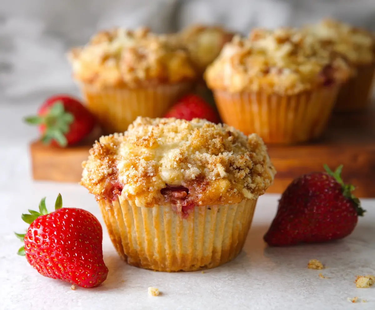 Freshly baked rhubarb strawberry muffins on a baking tray with vibrant fruit pieces.