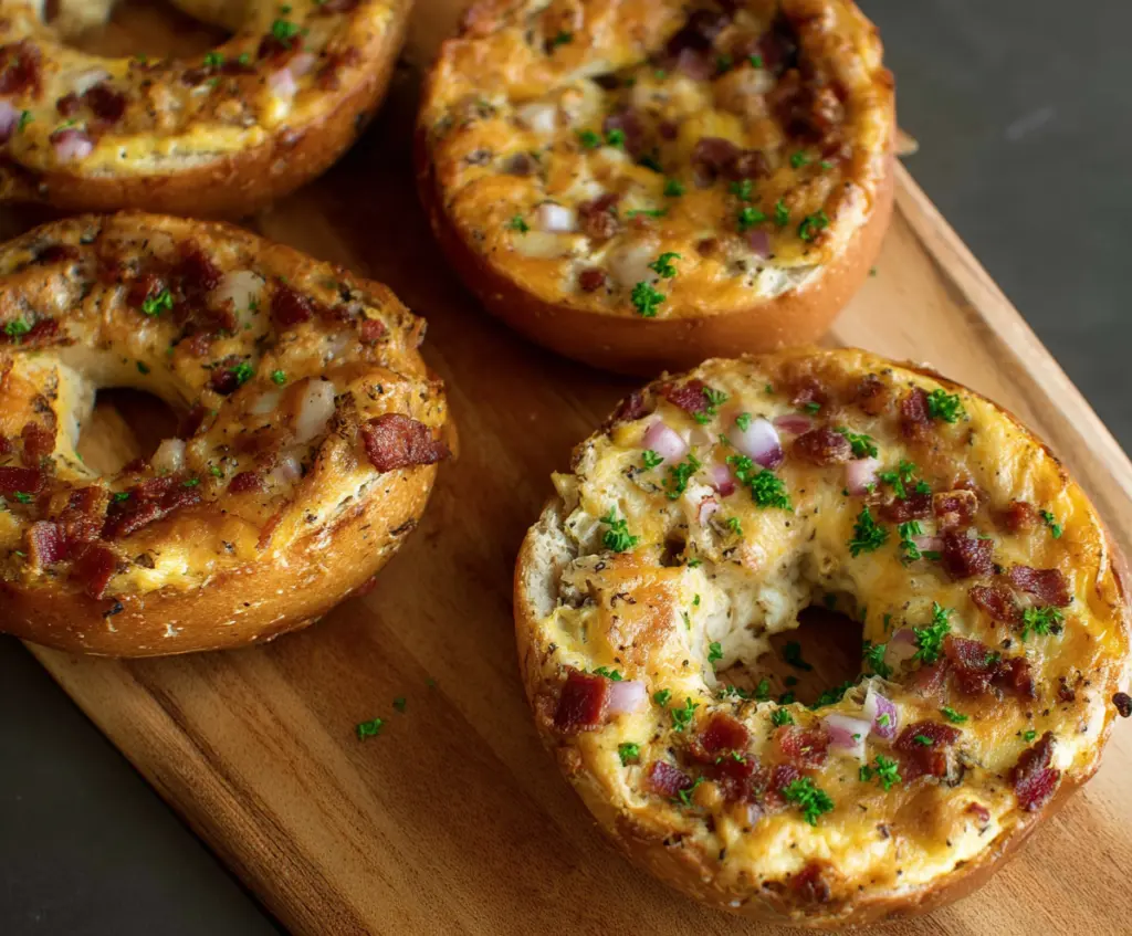 Savory quiche-stuffed bagels with melted cheese, spinach, and eggs, perfect for breakfast or brunch.