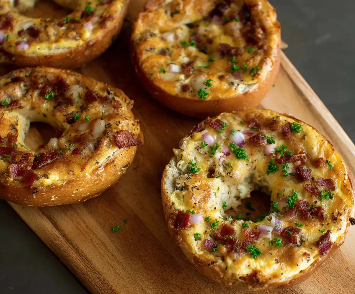 Savory quiche-stuffed bagels with melted cheese, spinach, and eggs, perfect for breakfast or brunch.