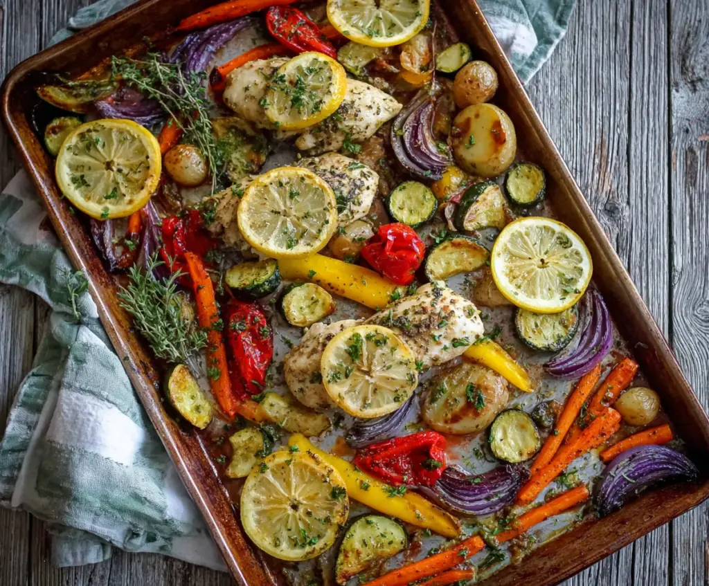 Delicious sheet pan lemon herb chicken with colorful vegetables on a baking tray