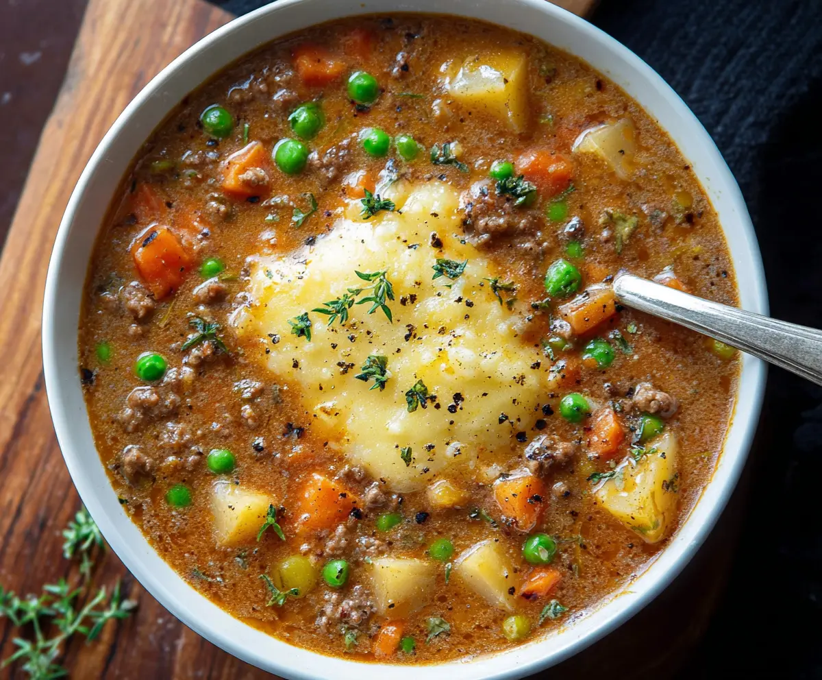 Hearty Shepherd's Pie Soup garnished with fresh herbs in a rustic bowl