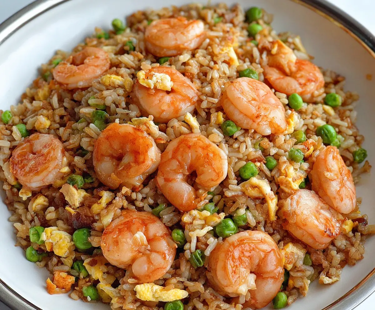 Delicious shrimp fried rice served on a plate with fresh vegetables
