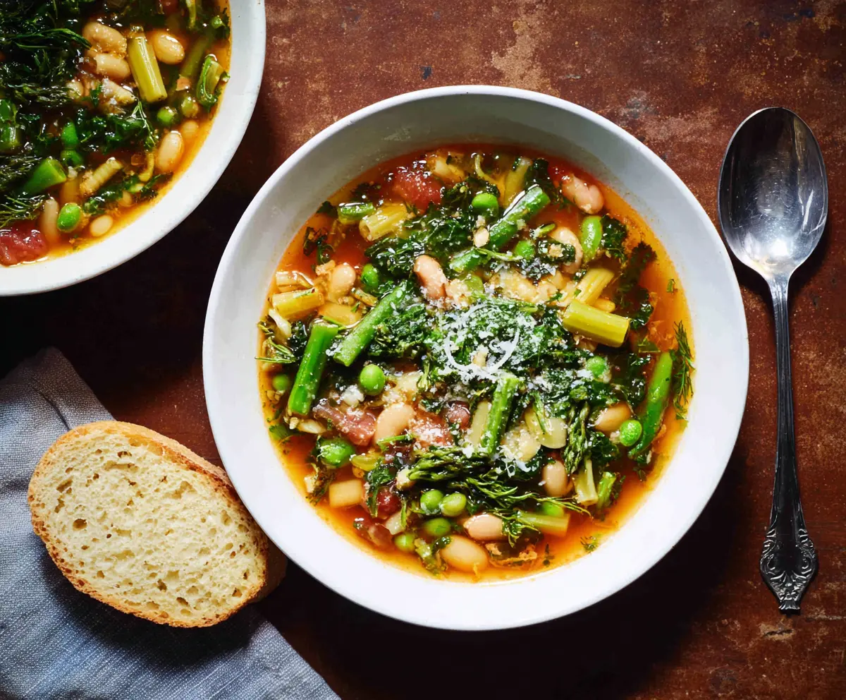 Fresh Spring Minestrone Soup with seasonal vegetables in a bowl