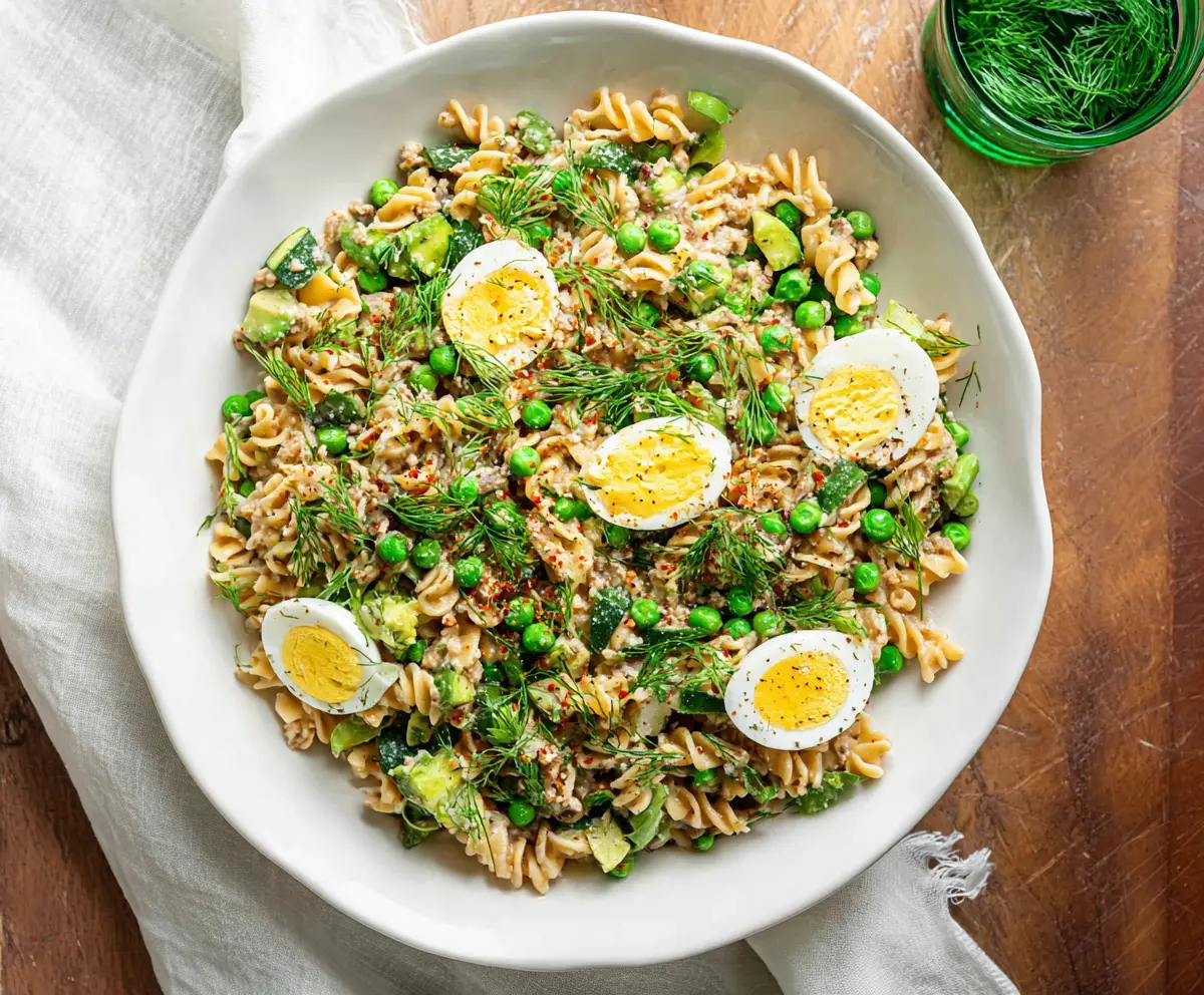 Colorful spring pasta salad with fresh vegetables and protein, perfect for a healthy meal.